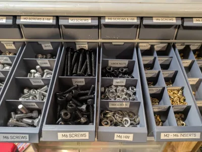 Permanent-divider small part organizer drawers (Akro-Mils style)